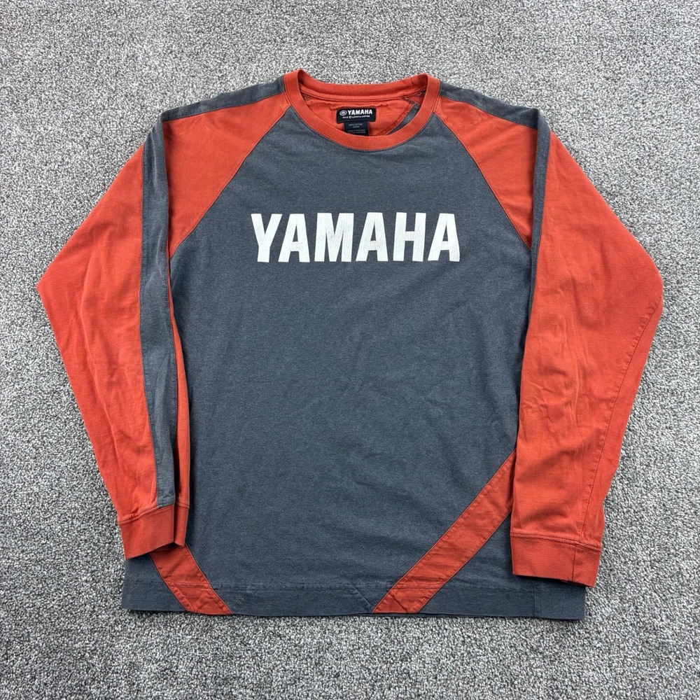 Y2K Yamaha Shirt Mens XL Gray Orange Cotton Long Sleeve Motorcycle Biker